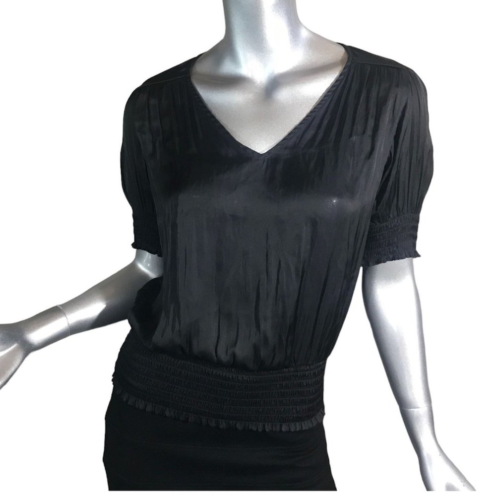 Catherine Melandrino Women's Small Black Satin Blouse Plisse V Neck Elastic Wais